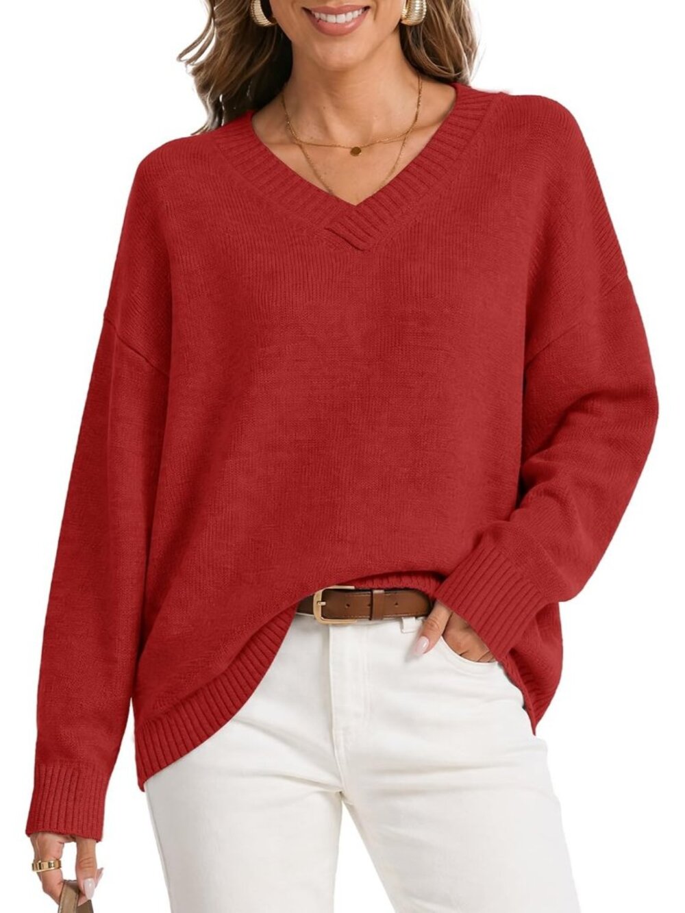 Women's Red Lightweight Long Sleeve Oversized Cashmere Blend V Neck Sweaters